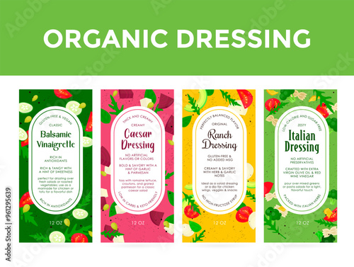 A variety of organic dressing labels showcasing flavors and ingredients for healthy salad options in a vibrant design.