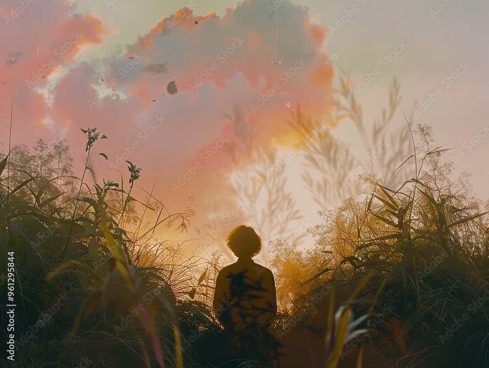 Fototapeta premium A solitary figure stands in tall grass, silhouetted against a vibrant sunset sky.
