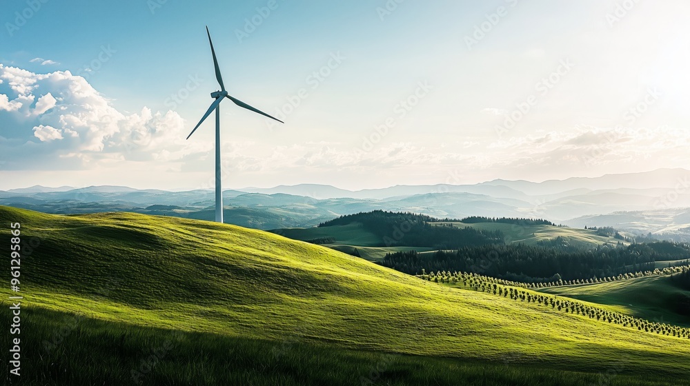 A wind turbine stands on vibrant green hills, set against a bright sky, with distant mountain ranges in the background. A wind turbine stands on vibrant green hills, set against a bright sky, with distant mountain ranges in the background.