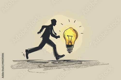 Businessman Running on Hand-Drawn Path from Old to New Giant Light Bulb, Symbolizing Pitching Ideas and Mentorship in Brainstorming