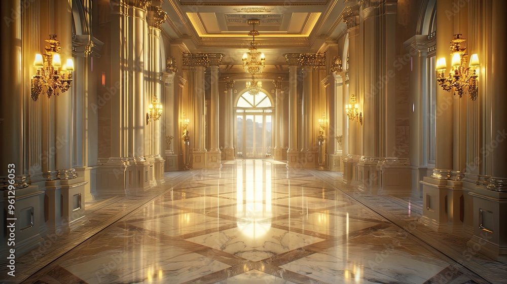 Grand entrance hall with marble floors ornate columns and warm light wallpaper Grand entrance hall with marble floors ornate columns and warm light wallpaper
