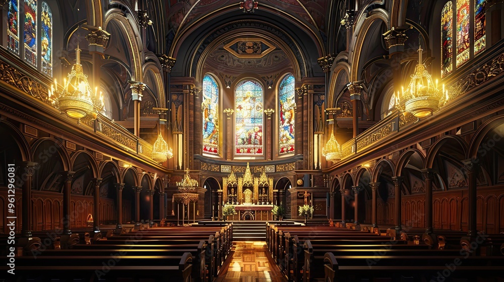 Obraz premium Intricate chapel interior with stained glass and golden reflections wallpaper