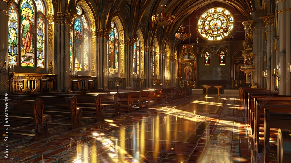 Adorned chapel with stained glass and soft golden light creating reflections Adorned chapel with stained glass and soft golden light creating reflections