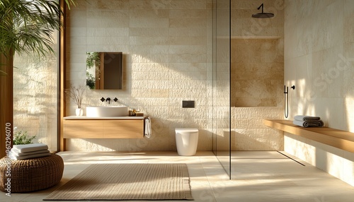 Detailed render of a minimalist bathroom featuring a wallmounted vanity photo