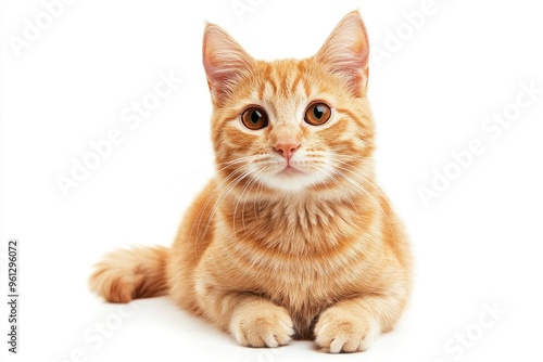 A cat with orange fur is sitting on a white background. The cat has a curious expression on its face , ai