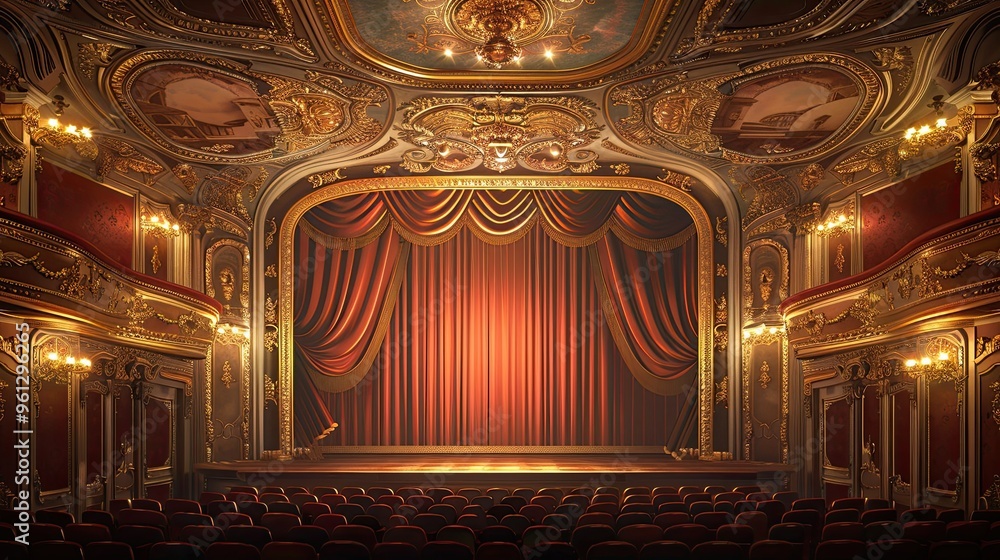 Obraz premium Ornate theater stage with detailed curtains and soft ambient lighting wallpaper