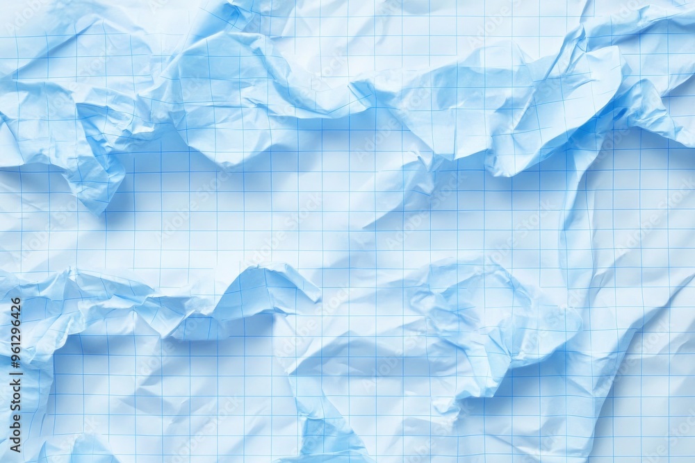 Obraz premium Crumpled blue checkered paper texture realisric vector illustration. White blank notebook sheet with grid, wrinkle and crease effect, note page mock up, educational template , ai