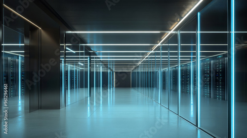 A photo of a data center building with glass windows and lights