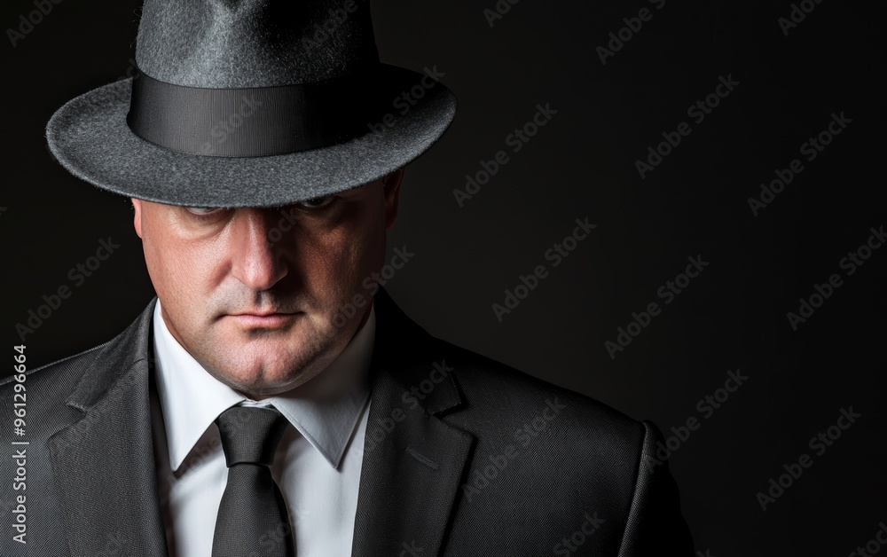 Close-up of a well-dressed man in a suit and hat, exuding confidence and mystery, perfect for old-school mafia or detective concepts Close-up of a well-dressed man in a suit and hat, exuding confidence and mystery, perfect for old-school mafia or detective concepts