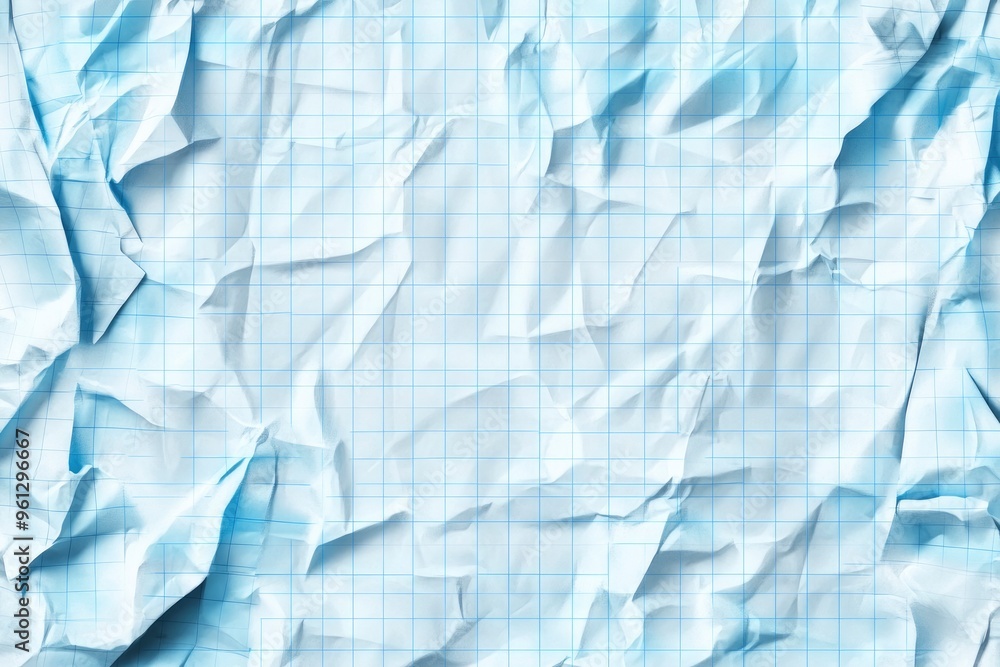 Obraz premium Crumpled blue checkered paper texture realisric vector illustration. White blank notebook sheet with grid, wrinkle and crease effect, note page mock up, educational template , ai