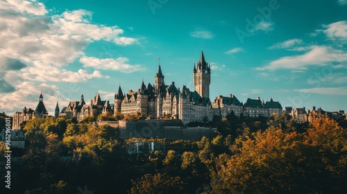 A clear sky over a historic landmark, such as a castle or monument, with perfect visibility and vibrant colors.