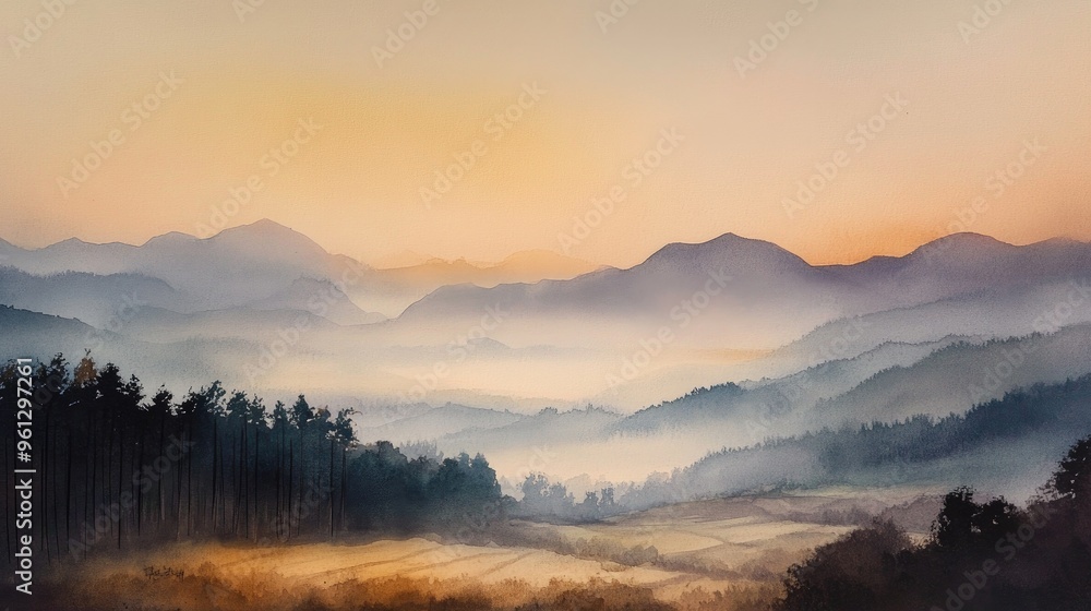 Fototapeta premium Serene Sunrise Over Misty Mountains: A Captivating Watercolor Landscape