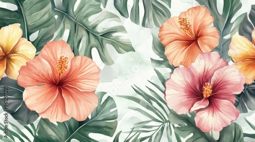 Wallpaper Mural Tropical Hibiscus Blooms Amid Lush Green Foliage in Vibrant Watercolor Art Torontodigital.ca