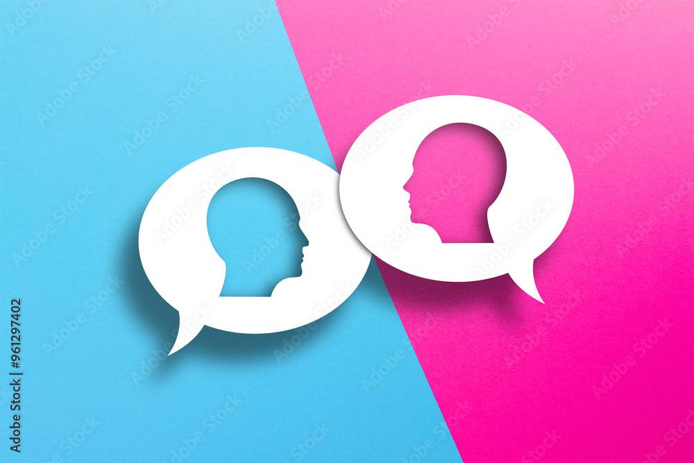 Dialog concept. Speech bubbles with two faces on colored background. Dialog concept. Speech bubbles with two faces on colored background.