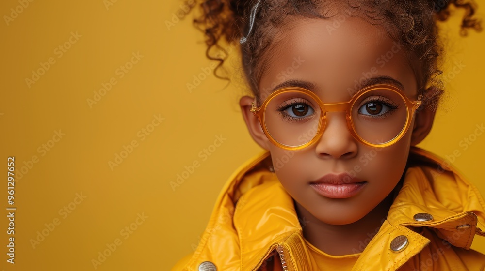 Portrait of a Young Girl with Curly Hair Wearing Yellow Glasses and Jacket Portrait of a Young Girl with Curly Hair Wearing Yellow Glasses and Jacket