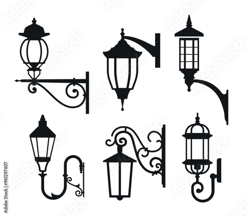 A collection of elegant old street lamps showcasing vintage architectural design elements isolated on a white background
