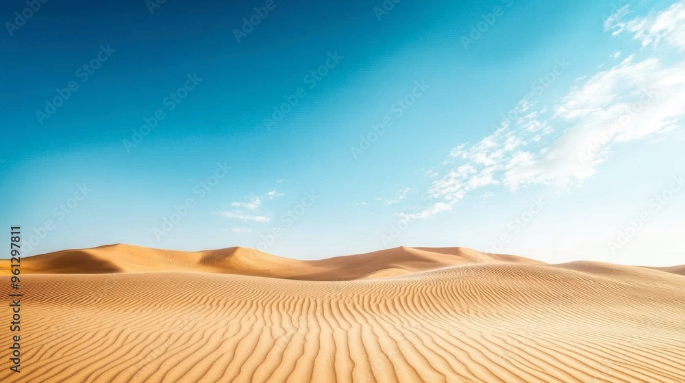 Fototapeta premium A clear sky over a vast desert landscape with golden sand dunes and minimal vegetation, showcasing natural beauty.