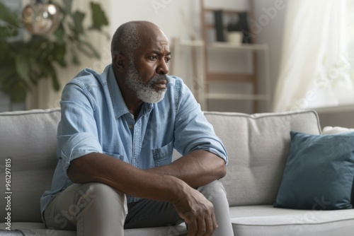 A retired man sits alone on a cozy couch, contemplating his past and the bittersweet memories of family and lost time in a sunlit room