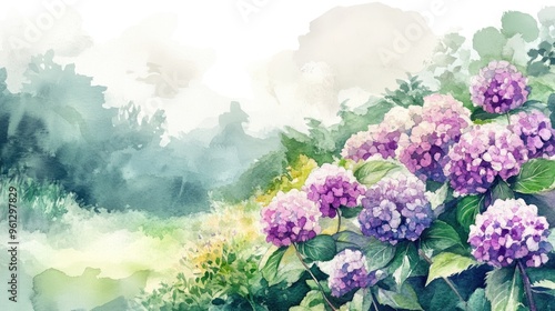 Stunning Watercolor of Purple Blossoms in a Lush Garden Landscape