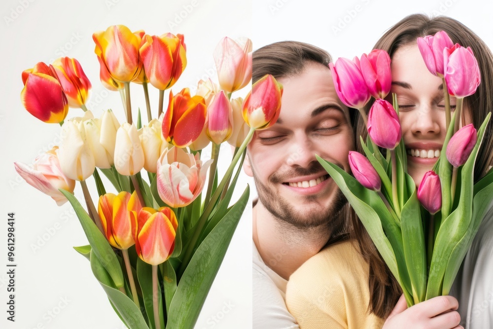 A joyful couple hiding behind a vibrant bouquet of tulips, celebrating love and togetherness in a fresh and colorful anniversary moment A joyful couple hiding behind a vibrant bouquet of tulips, celebrating love and togetherness in a fresh and colorful anniversary moment