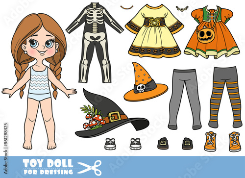 Cartoon braided girl and   Halloween witch costume and skeleton suit. Bonus handbag that matches the dresses