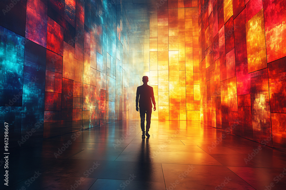 A person walking in a digital world, a human silhouette lost in futuristic cyberspace made of colorful cubes, depicting digital addiction and the concept of virtual reality. A person walking in a digital world, a human silhouette lost in futuristic cyberspace made of colorful cubes, depicting digital addiction and the concept of virtual reality.
