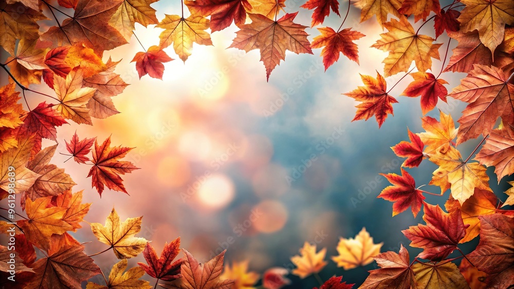 Autumn background with dry red leaves frame on light surface in Worm's Eye View