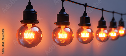 vintage string lights glowing warmly against a soft, muted background, captured in hyperrealist style; the glass bulbs are round and transparent, intricately designed, with visible filament emitting photo