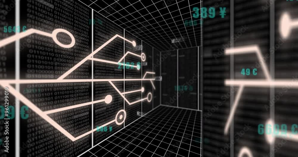 Animation of digital data processing over circuit board Animation of digital data processing over circuit board