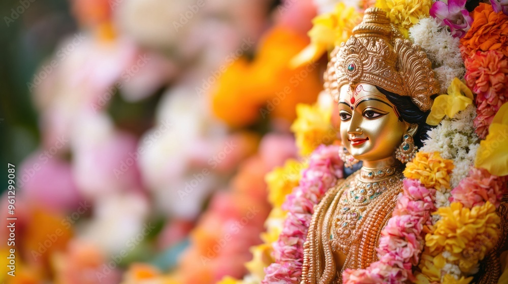 Ornately Decorated Deity Statue in Vibrant Flower Garlands During Hindu Religious Ceremony Ornately Decorated Deity Statue in Vibrant Flower Garlands During Hindu Religious Ceremony