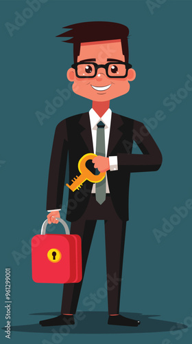 Businessman Holding Padlock and Key, Symbolizing Reliable Protection, Security, and Access to New Opportunities and Secret Business Knowledge for Smart Entrepreneurs