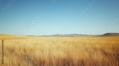 A clear sky over a vast open field, with tall grasses swaying gently in the wind and distant hills.