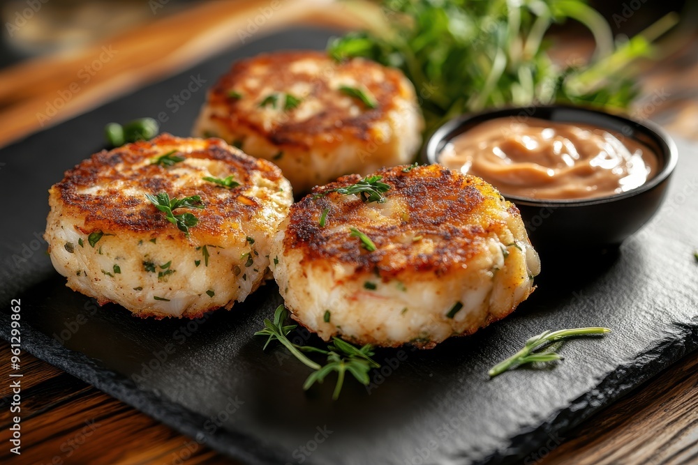 Three golden-brown seafood cakes served with a dipping sauce on a black slate platter. Three golden-brown seafood cakes served with a dipping sauce on a black slate platter.