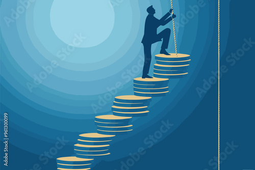 Businessman Climbing Rope to Reach Top of Coin Stack, Symbolizing Financial Growth