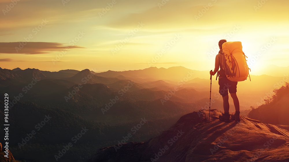 backpacker's journey captured at sunset, with a lone figure and their backpack on a scenic overlook backpacker's journey captured at sunset, with a lone figure and their backpack on a scenic overlook