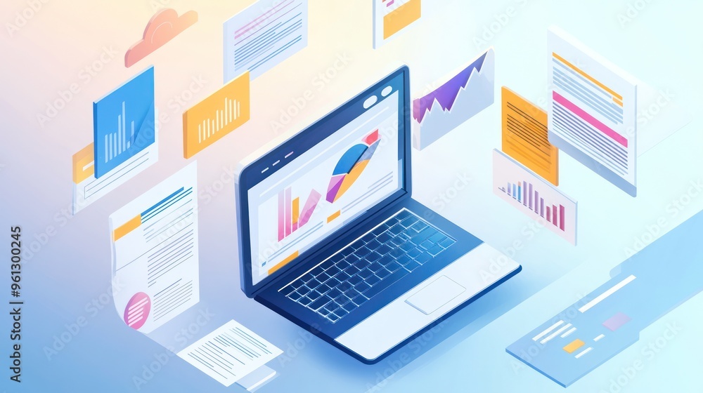 Laptop with Data Visualization, Charts, and Documents Laptop with Data Visualization, Charts, and Documents