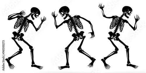 Set of dancing skeletons for Halloween. Black and white silhouettes isolated on white background. Halloween design elements.