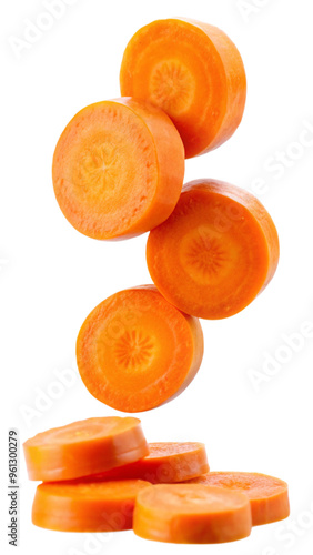 Falling Carrot slice isolated on white background, full depth of field