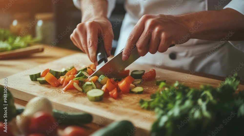 Chef Preparing Fresh Salad with Knife on Cutting Board Chef Preparing Fresh Salad with Knife on Cutting Board