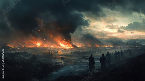 A dramatic battlefield scene with soldiers charging into battle, explosions in the background, and dark storm clouds looming overhead, creating an intense and chaotic atmosphere.