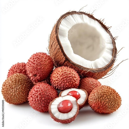 A half coconut shell with several whole and halved lychees arranged around it on a white background. photo