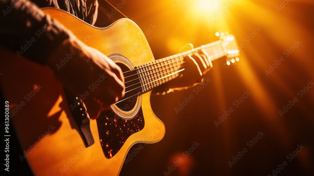 Naklejka premium Acoustic Guitar Player Under Stage Lights