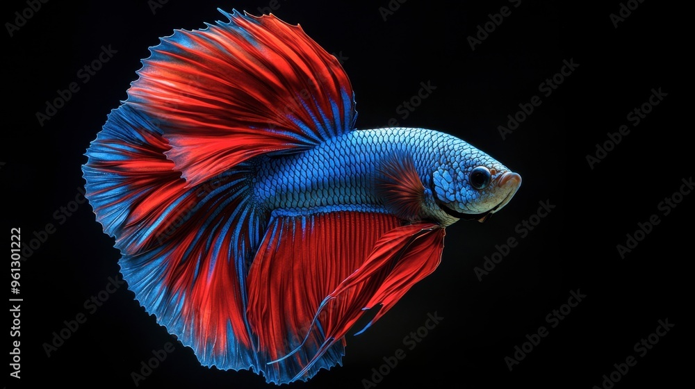 A close-up of a betta fish displaying its stunning blue and red fins fully spread, creating a dramatic underwater scene. A close-up of a betta fish displaying its stunning blue and red fins fully spread, creating a dramatic underwater scene.