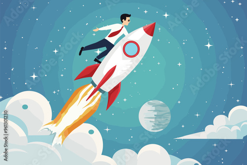 Businessman Riding Rocket Leads Competition, Loser Lady on Paper Plane Lags Behind in Business Race to Success