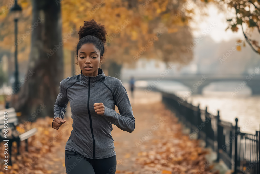 Young black woman is running in the park on an autumn day, enjoying her workout by the river Young black woman is running in the park on an autumn day, enjoying her workout by the river