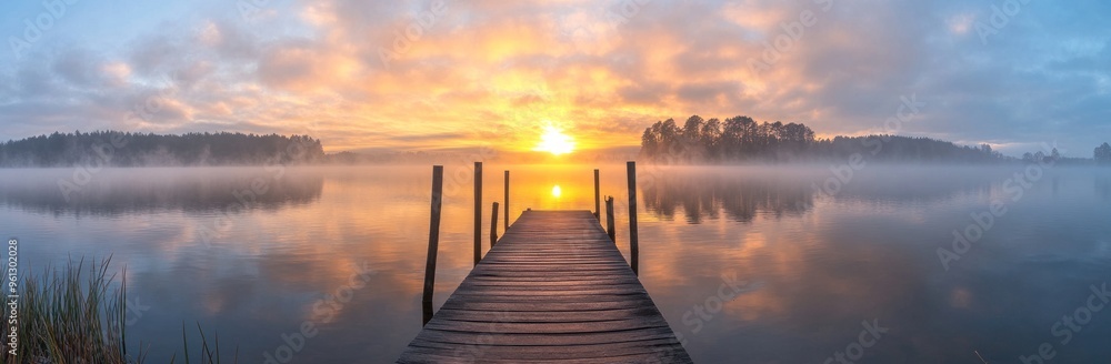 Sunrise over a Misty Lake with a Wooden Pier Sunrise over a Misty Lake with a Wooden Pier