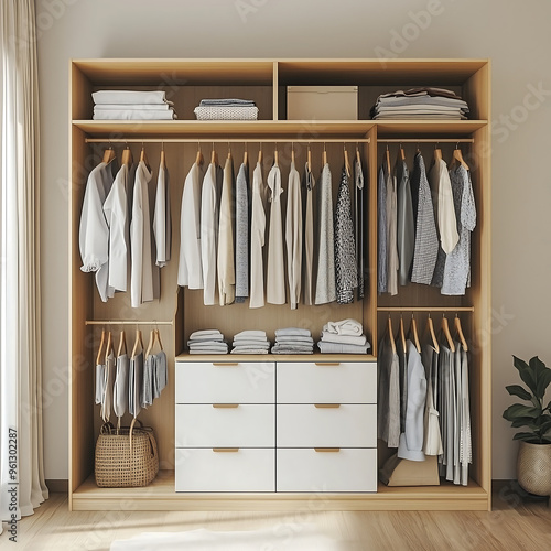 A minimalist wardrobe with neatly arranged clothes.