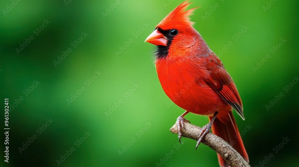 A close-up of a bright red cardinal perched on a branch, with a blurred green background highlighting its vivid colors.