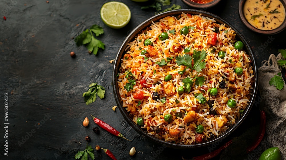 A delicious Indian vegetable biryani with green peas and cilantro, bursting with vibrant colors and flavors. A delicious Indian vegetable biryani with green peas and cilantro, bursting with vibrant colors and flavors.
