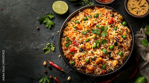 A delicious Indian vegetable biryani with green peas and cilantro, bursting with vibrant colors and flavors.